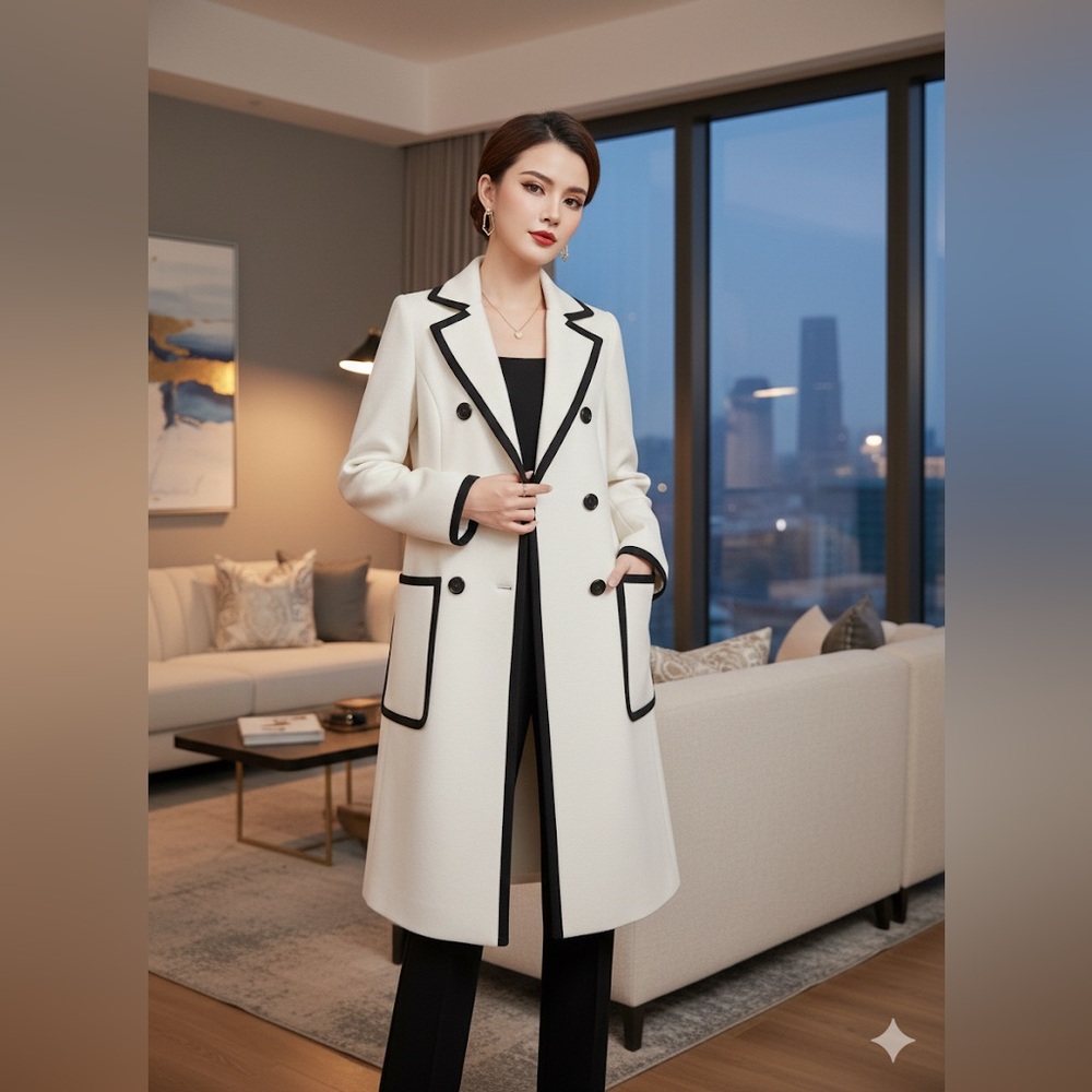 Calvin Klein Women’s Cream Trench Coat with Black Trim – Size 2